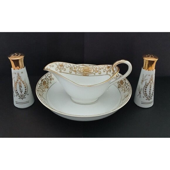 Noritake Japan Hand Painted Embossed Gold Japanese Gravy Boat-Bowl-Salt & Pepper - Picture 1 of 16